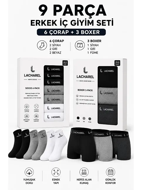 Erkek 9'lu İç Giyim Seti Pamuklu 3 Boxer 6 Çorap Çoklu Paket - Siyah - Füme - Gri - Beyaz