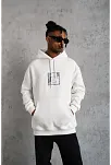 Erkek 3 İplik Pamuklu Kapüşonlu Baskılı Cepli Oversize Sweatshirt Hoodie - Beyaz