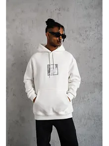 Erkek 3 İplik Pamuklu Kapüşonlu Baskılı Cepli Oversize Sweatshirt Hoodie - Beyaz