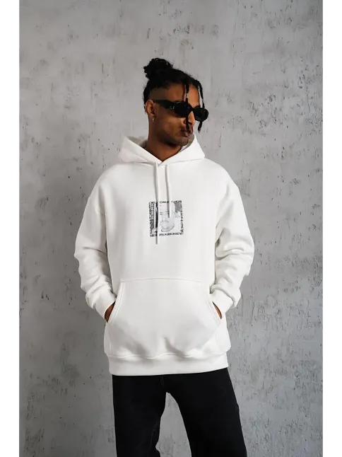 Erkek 3 İplik Pamuklu Kapüşonlu Baskılı Cepli Oversize Sweatshirt Hoodie - Beyaz