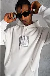 Erkek 3 İplik Pamuklu Kapüşonlu Baskılı Cepli Oversize Sweatshirt Hoodie - Beyaz