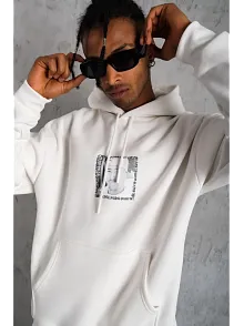 Erkek 3 İplik Pamuklu Kapüşonlu Baskılı Cepli Oversize Sweatshirt Hoodie - Beyaz