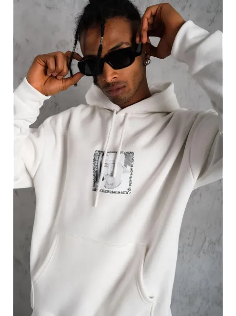 Erkek 3 İplik Pamuklu Kapüşonlu Baskılı Cepli Oversize Sweatshirt Hoodie - Beyaz