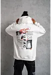 Erkek 3 İplik Pamuklu Kapüşonlu Baskılı Cepli Oversize Sweatshirt Hoodie - Beyaz
