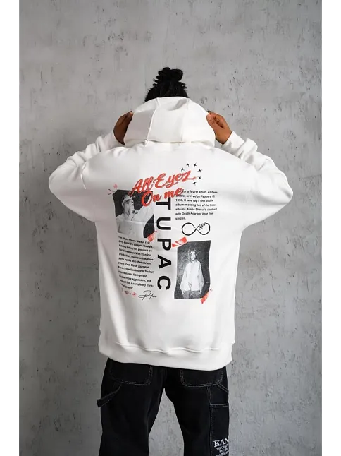 Erkek 3 İplik Pamuklu Kapüşonlu Baskılı Cepli Oversize Sweatshirt Hoodie - Beyaz