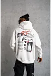 Erkek 3 İplik Pamuklu Kapüşonlu Baskılı Cepli Oversize Sweatshirt Hoodie - Beyaz