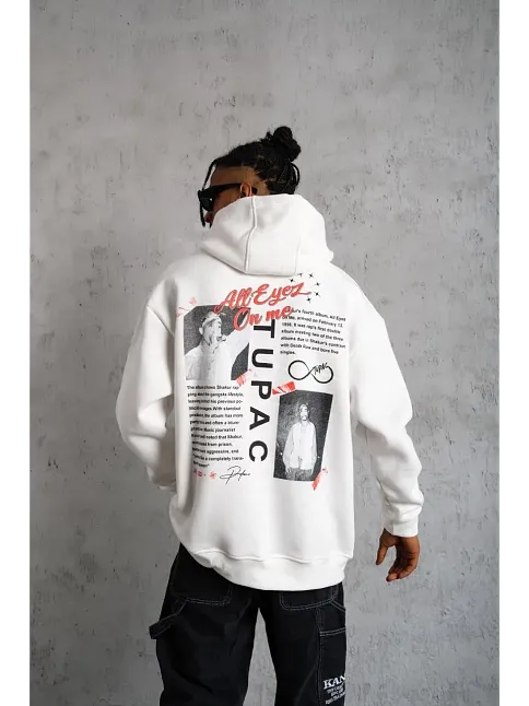 Erkek 3 İplik Pamuklu Kapüşonlu Baskılı Cepli Oversize Sweatshirt Hoodie - Beyaz