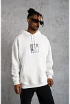 Erkek 3 İplik Pamuklu Kapüşonlu Baskılı Cepli Oversize Sweatshirt Hoodie - Beyaz