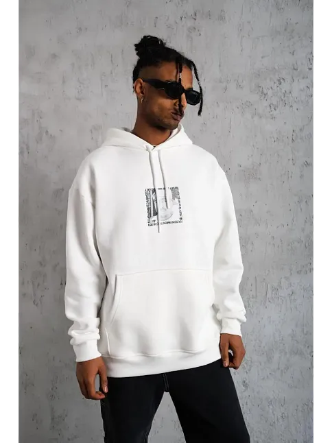 Erkek 3 İplik Pamuklu Kapüşonlu Baskılı Cepli Oversize Sweatshirt Hoodie - Beyaz