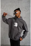 Erkek 3 İplik Pamuklu Kapüşonlu Baskılı Cepli Oversize Sweatshirt Hoodie - Gri