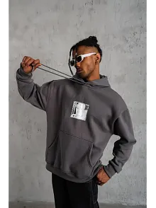 Erkek 3 İplik Pamuklu Kapüşonlu Baskılı Cepli Oversize Sweatshirt Hoodie - Gri