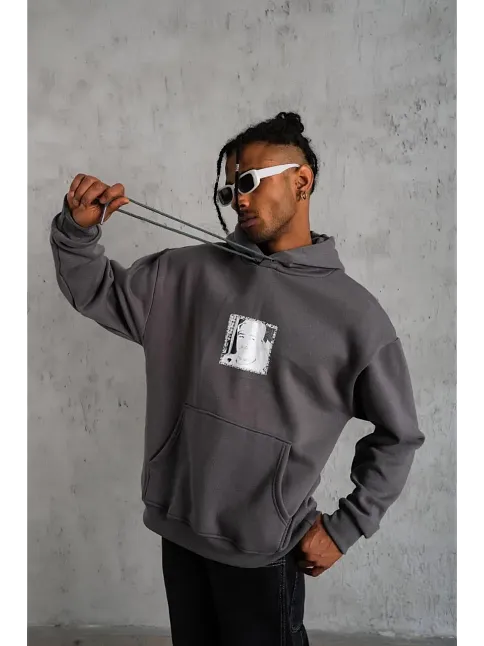 Erkek 3 İplik Pamuklu Kapüşonlu Baskılı Cepli Oversize Sweatshirt Hoodie - Gri