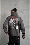 Erkek 3 İplik Pamuklu Kapüşonlu Baskılı Cepli Oversize Sweatshirt Hoodie - Gri