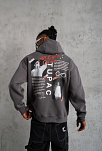 Erkek 3 İplik Pamuklu Kapüşonlu Baskılı Cepli Oversize Sweatshirt Hoodie - Gri