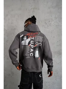 Erkek 3 İplik Pamuklu Kapüşonlu Baskılı Cepli Oversize Sweatshirt Hoodie - Gri