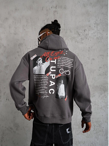 Erkek 3 İplik Pamuklu Kapüşonlu Baskılı Cepli Oversize Sweatshirt Hoodie - Gri