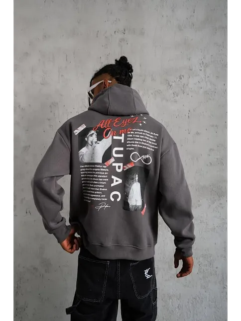 Erkek 3 İplik Pamuklu Kapüşonlu Baskılı Cepli Oversize Sweatshirt Hoodie - Gri