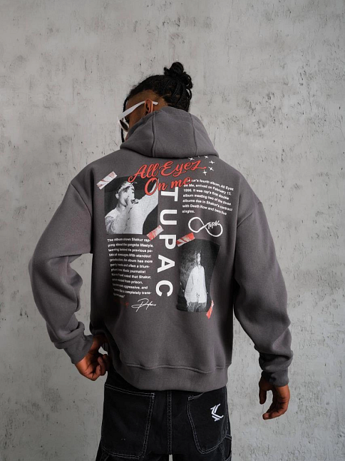 Erkek 3 İplik Pamuklu Kapüşonlu Baskılı Cepli Oversize Sweatshirt Hoodie - Gri