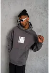 Erkek 3 İplik Pamuklu Kapüşonlu Baskılı Cepli Oversize Sweatshirt Hoodie - Gri