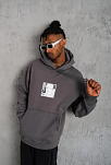Erkek 3 İplik Pamuklu Kapüşonlu Baskılı Cepli Oversize Sweatshirt Hoodie - Gri