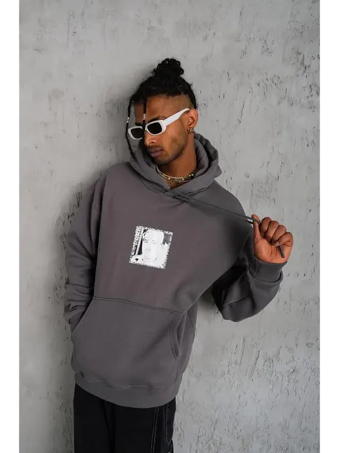 Erkek 3 İplik Pamuklu Kapüşonlu Baskılı Cepli Oversize Sweatshirt Hoodie - Gri