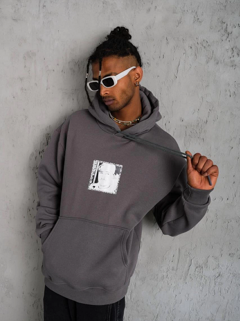 Erkek 3 İplik Pamuklu Kapüşonlu Baskılı Cepli Oversize Sweatshirt Hoodie - Gri