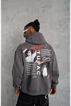 Erkek 3 İplik Pamuklu Kapüşonlu Baskılı Cepli Oversize Sweatshirt Hoodie - Gri