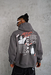 Erkek 3 İplik Pamuklu Kapüşonlu Baskılı Cepli Oversize Sweatshirt Hoodie - Gri