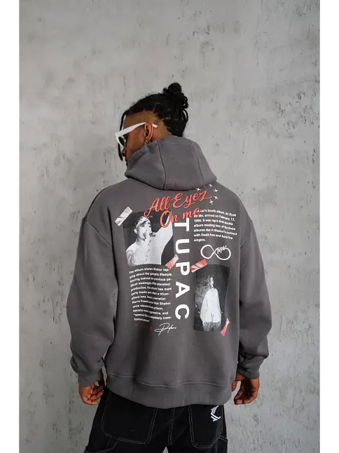 Erkek 3 İplik Pamuklu Kapüşonlu Baskılı Cepli Oversize Sweatshirt Hoodie - Gri