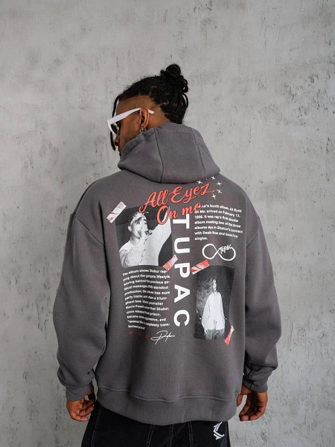 Erkek 3 İplik Pamuklu Kapüşonlu Baskılı Cepli Oversize Sweatshirt Hoodie - Gri