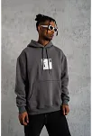 Erkek 3 İplik Pamuklu Kapüşonlu Baskılı Cepli Oversize Sweatshirt Hoodie - Gri