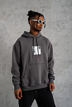 Erkek 3 İplik Pamuklu Kapüşonlu Baskılı Cepli Oversize Sweatshirt Hoodie - Gri