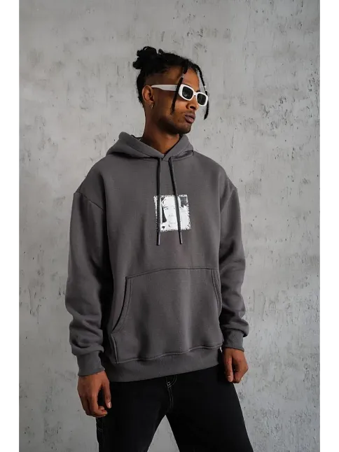 Erkek 3 İplik Pamuklu Kapüşonlu Baskılı Cepli Oversize Sweatshirt Hoodie - Gri