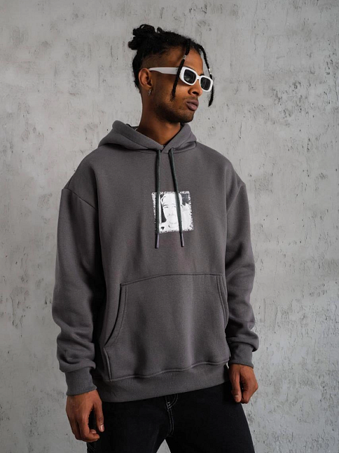 Erkek 3 İplik Pamuklu Kapüşonlu Baskılı Cepli Oversize Sweatshirt Hoodie - Gri