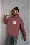 Erkek 3 İplik Pamuklu Kapüşonlu Baskılı Cepli Sweatshirt Hoodie - Gül Kurusu