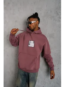 Erkek 3 İplik Pamuklu Kapüşonlu Baskılı Cepli Sweatshirt Hoodie - Gül Kurusu