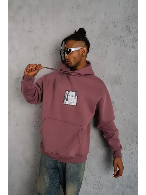 Erkek 3 İplik Pamuklu Kapüşonlu Baskılı Cepli Sweatshirt Hoodie - Gül Kurusu