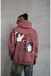 Erkek 3 İplik Pamuklu Kapüşonlu Baskılı Cepli Sweatshirt Hoodie - Gül Kurusu