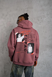 Erkek 3 İplik Pamuklu Kapüşonlu Baskılı Cepli Sweatshirt Hoodie - Gül Kurusu