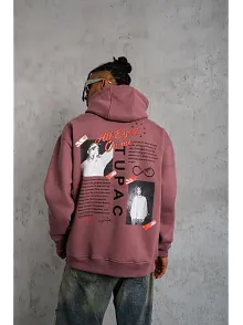 Erkek 3 İplik Pamuklu Kapüşonlu Baskılı Cepli Sweatshirt Hoodie - Gül Kurusu