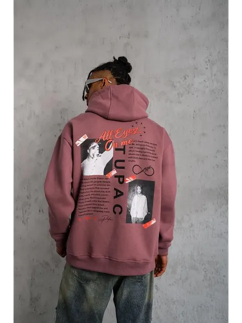 Erkek 3 İplik Pamuklu Kapüşonlu Baskılı Cepli Sweatshirt Hoodie - Gül Kurusu
