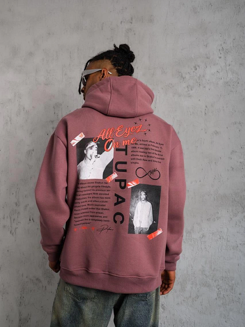 Erkek 3 İplik Pamuklu Kapüşonlu Baskılı Cepli Sweatshirt Hoodie - Gül Kurusu
