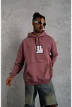 Erkek 3 İplik Pamuklu Kapüşonlu Baskılı Cepli Sweatshirt Hoodie - Gül Kurusu