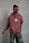 Erkek 3 İplik Pamuklu Kapüşonlu Baskılı Cepli Sweatshirt Hoodie - Gül Kurusu