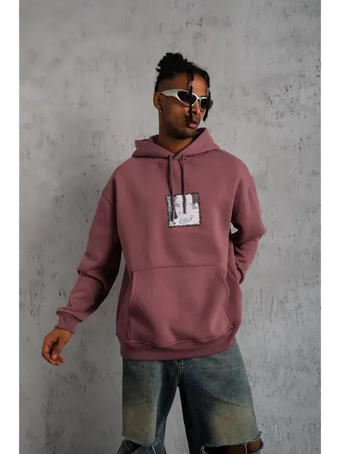 Erkek 3 İplik Pamuklu Kapüşonlu Baskılı Cepli Sweatshirt Hoodie - Gül Kurusu