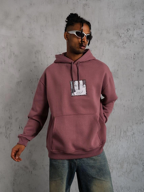 Erkek 3 İplik Pamuklu Kapüşonlu Baskılı Cepli Sweatshirt Hoodie - Gül Kurusu