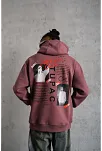 Erkek 3 İplik Pamuklu Kapüşonlu Baskılı Cepli Sweatshirt Hoodie - Gül Kurusu