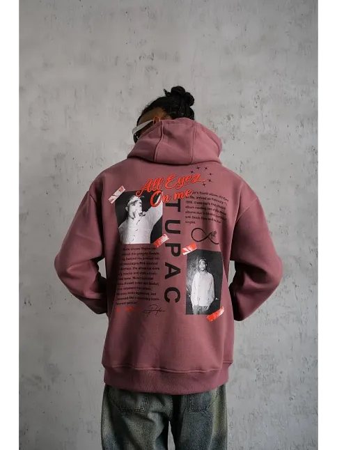 Erkek 3 İplik Pamuklu Kapüşonlu Baskılı Cepli Sweatshirt Hoodie - Gül Kurusu