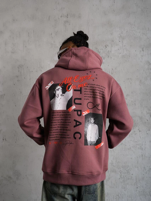 Erkek 3 İplik Pamuklu Kapüşonlu Baskılı Cepli Sweatshirt Hoodie - Gül Kurusu