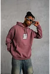 Erkek 3 İplik Pamuklu Kapüşonlu Baskılı Cepli Sweatshirt Hoodie - Gül Kurusu